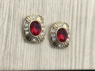 Vintage Exquisite Designer ? Gold & Ruby Glass Jewellery Earrings Pierced Ears