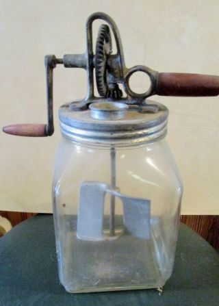 Vintage Hand Crank Butter Churn On One Gallon Glass Screw Top Jar
