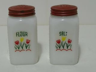 Vintage Milk Glass Stove Top Salt & Flour Shakers Tulips