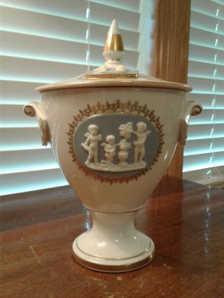 Vintage Porcelain Urn With Lid And With Applied Bisque Cherub Figures 4