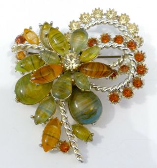 A Large Vintage 1950s Flower Brooch By Exquisite With Glass Stones & Diamantes