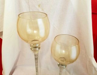 Vintage Tall Long Stemmed Yellow Tint Glass Candle Holder Goblet Set Of 2 2