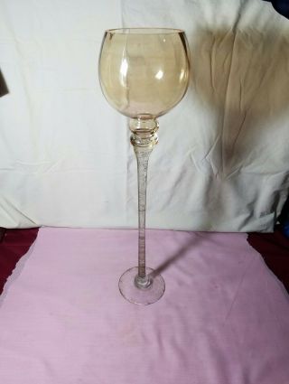 Vintage Tall Long Stemmed Yellow Tint Glass Candle Holder Goblet Set Of 2 3