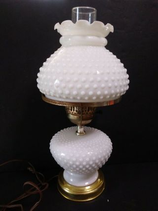 Vintage Gone With The Wind Hobnail Milk Glass Hurricane Parlor Lamp Desk 17 "