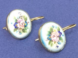 Vintage Hand Painted Blue Porcelain Floral Matching Earrings European