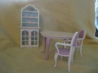 Vintage 1990s Barbie Dining Room Set - Hutch,  Table,  And Two Dining Room Chairs