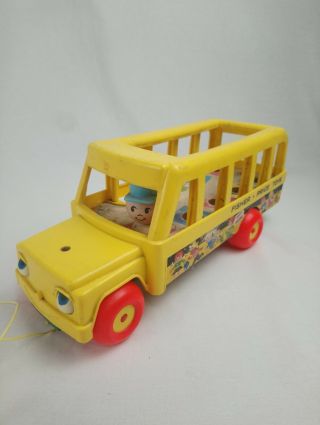 1965 Vintage Fisher Price Little People School Bus W/ Pull Cord & Wood Base