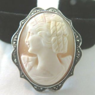 Lovely Large Vintage Sterling Silver And Marcasite Carved Cameo Brooch
