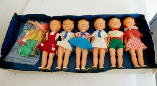 Vintage 1965 Italy (6) Hard Plastic 7 " Girl Dolls W/ Box & Accessories