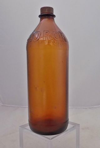 Vintage Amber 1 Qt 32 Oz Embossed Clorox Bottle Glass Bottle W/ Plastic Cap