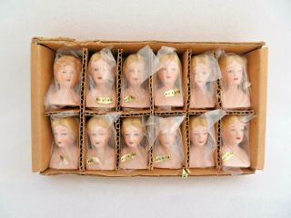 Vintage Box Of 12 Porcelain Miniature Doll Heads W/ Breast Plate Xlnt