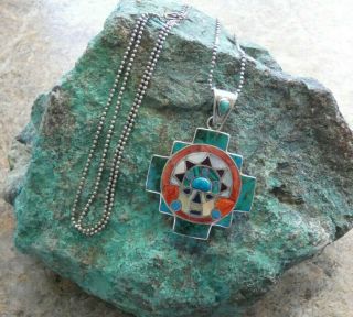 Vintage 950 Silver Mayan Aztec Mop Inlay Pendant Necklace Pendant 24 "