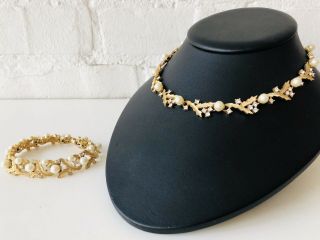 Vintage Trifari Necklace & Bracelet Set Gold Tone Pearls Rhinestones Choker