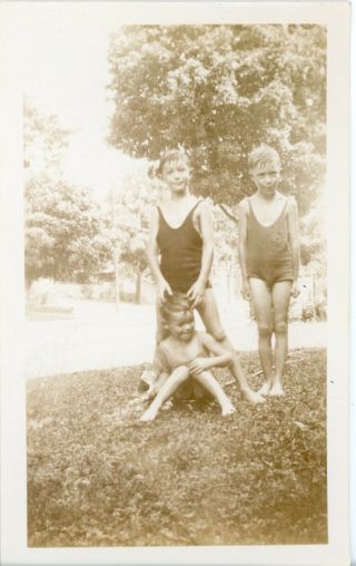 Vintage Bw Snapshot - 3 Boys In Their Swim Suits Stopping To Take A Photo