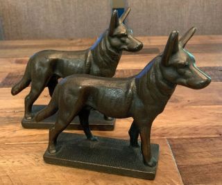 Heavy Vintage German Shepherd Dog Cast Bronze Bookends