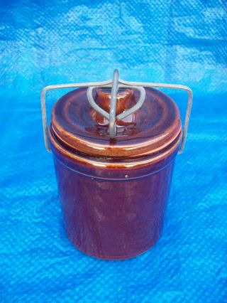 Vintage Brown Glaze Stoneware Chesse Butter Crock - Seal & Locking Wire Bale Lid