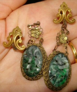 Vintage Antique Chinese Carved Jade Filigree Dangle Drop Earrings Repair