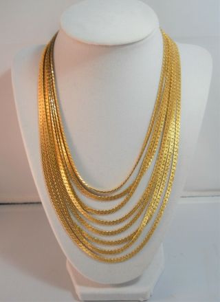 Vintage Signed Monet 8 Strand Gold Tone Serpentine Chains Necklace