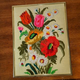 Finished Framed Crewel Vibrant Flower Embroidery Vtg 1991
