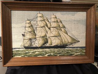 Vintage Kay Dee 100 Pure Linen Hand Print Clipper Ship Framed Nautical Usa