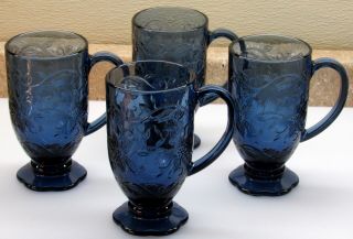 Rare Princess House Set Of 4 Fantasia Sapphire Blue Pedestal Mugs Cobalt Vintage