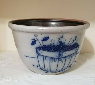 Salt Glazed Salmon Falls Pottery Bowl 1992 Cobalt Blue Blueberries Vintage