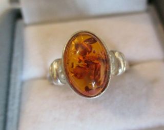Vintage Solid Sterling Silver Cabochon Amber Ring Size R
