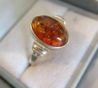 Vintage Solid Sterling Silver Cabochon Amber Ring Size R 3