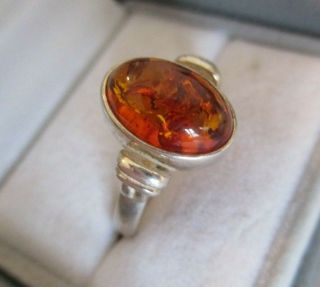 Vintage Solid Sterling Silver Cabochon Amber Ring Size R 5