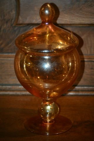 Vintage Amber Iridescent Carnival Glass Pedestal Candy Dish With Lid