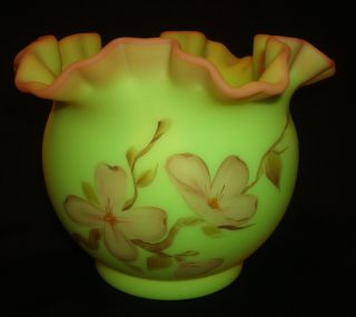Vintage Fenton Art Glass Burmese Hand Painted Dogwood 5” Ruffled Vase Bowl Mason