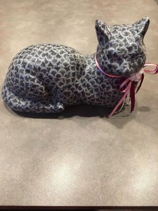 Vintage Decoupage Paper Mache Laying Down Cat Black Gray Ribbons Statue 12 X 8