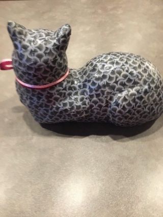 Vintage Decoupage Paper Mache Laying Down Cat Black Gray Ribbons Statue 12 x 8 3