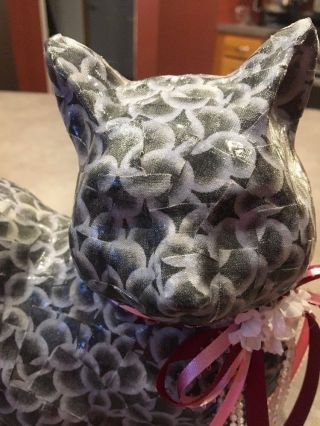 Vintage Decoupage Paper Mache Laying Down Cat Black Gray Ribbons Statue 12 x 8 5