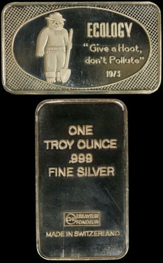 1973 1oz.  999 Silver Vintage Art Bar - Smokey The Bear " Ecology " Give A Hoot