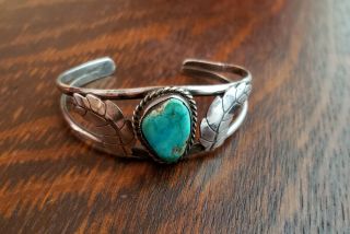 Vintage " Old Pawn " Turquoise And Silver Cuff Bracelet With Leaves 6.  25 "
