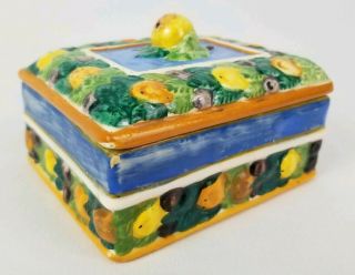 Vintage Italian Pottery Della Robbia Fruit Candy Trinket Box With Lid Italy