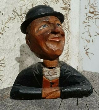 Antique/ Vintage Small Folk Art Carved Treen Man With Bowler Hat