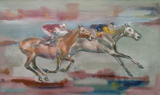 French Modernist 1962 Signed Vintage Horse Racing Oil Painting - Final Furlong