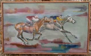 French Modernist 1962 Signed Vintage HORSE RACING Oil Painting - FINAL FURLONG 2