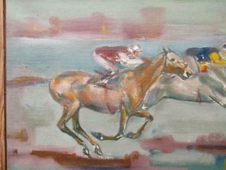 French Modernist 1962 Signed Vintage HORSE RACING Oil Painting - FINAL FURLONG 3