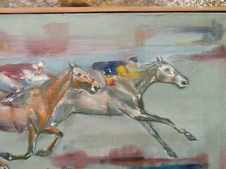 French Modernist 1962 Signed Vintage HORSE RACING Oil Painting - FINAL FURLONG 4