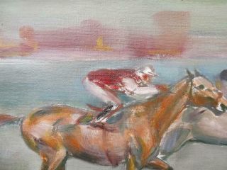 French Modernist 1962 Signed Vintage HORSE RACING Oil Painting - FINAL FURLONG 5