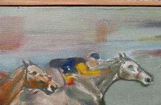French Modernist 1962 Signed Vintage HORSE RACING Oil Painting - FINAL FURLONG 6