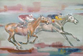 French Modernist 1962 Signed Vintage HORSE RACING Oil Painting - FINAL FURLONG 7