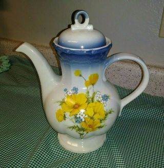 Vtg Mikasa Ca503 Country Club Amy 8 Cup Coffee Pot 11.  5 " Yellow Flowers Blue Ex