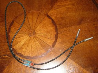 Vintage Handmade Western Sterling Silver And Turquoise Braided Leather Bolo Tie