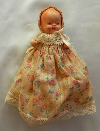 Bisque 3 1/2 " Doll Movable Arms Legs Hand Painted Dress & Bonnet - Made In Japan