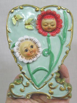 Vtg Wall Pocket Anthro Flower People W Butterflies Japan Much Gold 1940s
