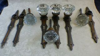Vintage Clear Glass Door Knobs 12 Point Set (3 Pairs) W Back Plates